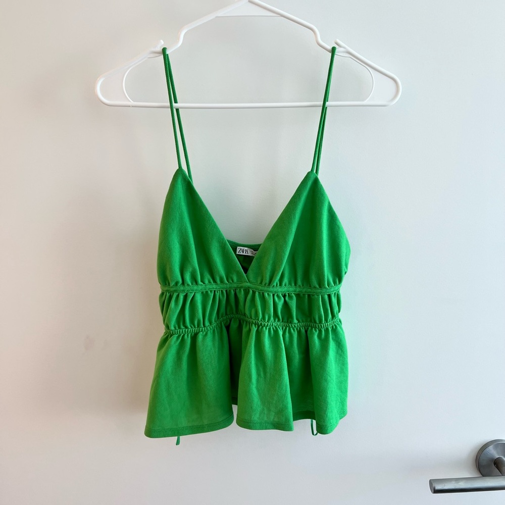 Zara Green Ruched Spaghetti Strap Top NWT